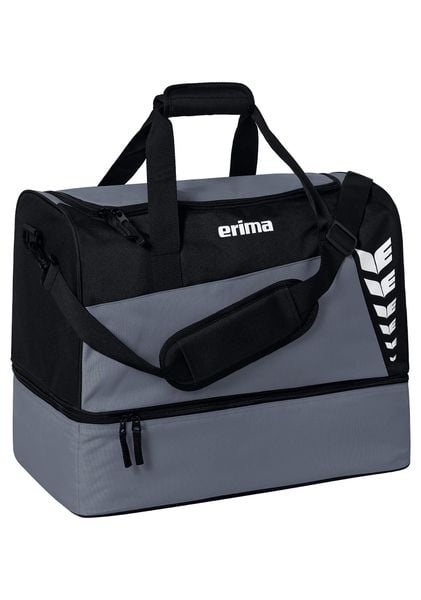 Torba sportowa z dolną przegrodą Erima Six Wings. Czarne torby na ramię Erima, bez wzorów, z materiału, na ramię, z nadrukiem, bez dodatków. Za 119.99 zł.
