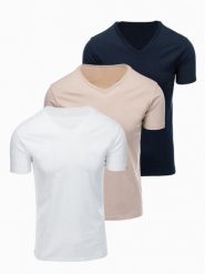 Zestaw bawełnianych męskich koszulek V-neck BASIC – biały/piaskowy/granatowy V12 - Rozmiar: S. Szare t-shirty Ombre Clothing, m, bez wzorów, z bawełny, bez kołnierzyka, bez ramiączek. Za 169.99 zł.