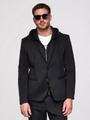 Marynarka męska z kapturem z aplikacją smoka na plecach - czarna V1 - Rozmiar: XL. Czarne garnitury Ombre Clothing, do pracy, m, z aplikacjami, z dzianiny, biznesowe. W wyprzedaży za 594.99 zł.