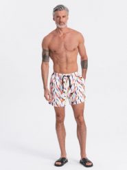 Szorty męskie kąpielówki w kolorowy print - białe V2 OM-SRBS-0140 - XXL. Białe szorty Ombre Clothing, l, bez wzorów, z poliesteru. Za 53.99 zł.