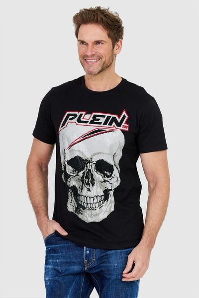PHILIPP PLEIN Czarny t-shirt męski Platinum cut round neck space plein, Rozmiar XXL. Czarne t-shirty Philipp Plein, l, z aplikacjami, prążkowane, bez kołnierzyka, bez ramiączek. W wyprzedaży za 799.99 zł.