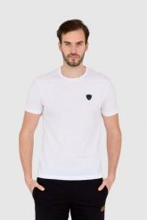 EA7 Biała koszulka męska z naszywką z logo. Białe t-shirty EA7 Emporio Armani, m, z aplikacjami, bez kołnierzyka, bez ramiączek. W wyprzedaży za 287.99 zł.