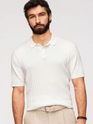 Męska koszulka polo z wiskozą SLIM FIT w pionowy prążek – złamana biel V3 - Rozmiar: L. Koszulki polo sportowe Ombre Clothing, l, bez wzorów, z dzianiny, bez kołnierzyka, bez ramiączek. W wyprzedaży za 73.50 zł.
