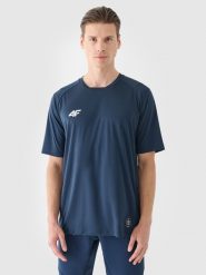 4F T-shirt treningowy szybkoschnący męski - granatowy S. Niebieskie t-shirty 4F, m, bez wzorów, z dzianiny, bez kołnierzyka, bez ramiączek. W wyprzedaży za 89.99 zł.