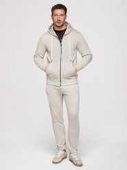 Komplet dresowy męski set bluza rozpinana z kapturem + spodnie z prosta nogawką - beżowy V1 - Rozmiar: M. Szare bluzy z kapturem Ombre Clothing, m, z aplikacjami, z bawełny, z kapturem. Za 339.99 zł.