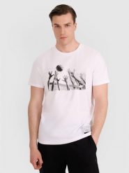 4F T-shirt regular z nadrukiem siatkarskim męski - biały M. Białe t-shirty sportowe 4F, bez wzorów, z bawełny, bez ramiączek, do siatkówki. W wyprzedaży za 39.99 zł.