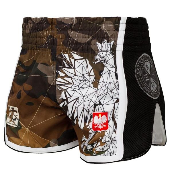 Spodenki Muay Thai męskie EXTREME HOBBY POLSKA CAMO. Brązowe szorty EXTREME HOBBY, m, bez wzorów, z elastanu, sportowe. Za 209.00 zł.