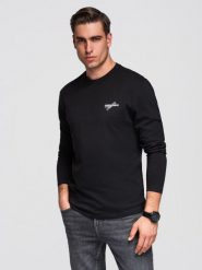 Męski longsleeve bawełniany z okrągłym dekoltem - czarny V2 - Rozmiar: L. Czarne bluzki z długim rękawem Ombre Clothing, l, bez wzorów, z bawełny, bez kołnierzyka, bez ramiączek. W wyprzedaży za 59.50 zł.