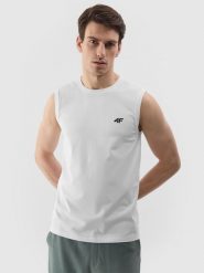 4F Tank top regular gładki męski - biały L. Białe bezrękawniki 4F, l, bez wzorów, z bawełny, bez kołnierzyka, bez ramiączek. Za 49.99 zł.