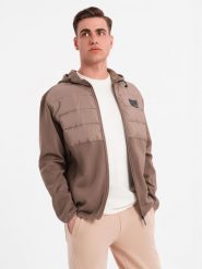 Lekka męska kurtka z łączonych materiałów z kapturem i ozdobnym pikowaniem – jasnobrązowa V2 OM-JANP-0160 - XXL. Brązowe kurtki Ombre Clothing, l, z aplikacjami, z gumy, z kapturem. W wyprzedaży za 139.99 zł.