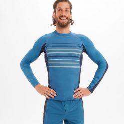 Top UV surfingowy męski Olaian 500 Stripy długi rękaw. Niebieskie bluzki z długim rękawem OLAIAN, m, bez wzorów, z elastanu, bez kołnierzyka, bez ramiączek. W wyprzedaży za 54.99 zł.