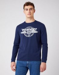 MĘSKI LONGSLEEVE WRANGLER LS AMERICANA TEE NAVY W7J5D3114 112141548. Niebieskie bluzki z długim rękawem Wrangler, m, bez wzorów, bez kołnierzyka, bez ramiączek. Za 99.99 zł.