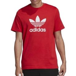 Koszulka turystyczna męska Adidas Trefoil. Czerwone t-shirty sportowe Adidas, bez wzorów, z bawełny, bez ramiączek, trekkingowe. Za 92.00 zł.