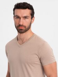 Męska klasyczna bawełniana koszulka z dekoltem w serek BASIC – popielata V21 OM-TSBS-0145 - XXL. Szare t-shirty Ombre Clothing, m, bez wzorów, z bawełny, bez kołnierzyka, bez ramiączek. W wyprzedaży za 24.99 zł.