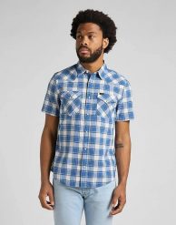 LEE SS WESTERN SHIRT MĘSKA KOSZULA KRÓTKI RĘKAW BLUE UNION L66OOBUF 112145389. Niebieskie koszule Lee, l, bez wzorów, bez kołnierzyka, bez ramiączek. Za 119.99 zł.