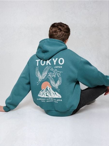 Bluza hoodie z nadrukiem - ciemny turkus. Bluzy bez kaptura Sinsay, l, bez wzorów, bez kaptura. Za 59.99 zł.