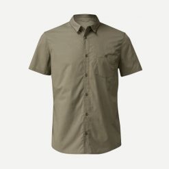 Koszula trekkingowa męska z krótkim rękawem Travel 100. Zielone koszule FORCLAZ, l, bez wzorów, z bawełny, bez kołnierzyka, bez ramiączek. Za 59.99 zł.