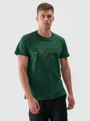 4F T-shirt z nadrukiem regular męski - zielony M. Zielone t-shirty 4F, m, bez wzorów, z dzianiny, bez kołnierzyka, bez ramiączek. W wyprzedaży za 39.99 zł.