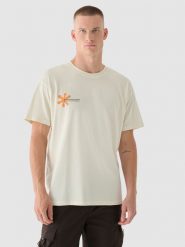 4F T-shirt oversize z nadrukiem męski - beżowy L. Brązowe t-shirty 4F, l, bez wzorów, z bawełny, bez kołnierzyka, bez ramiączek. W wyprzedaży za 29.99 zł.