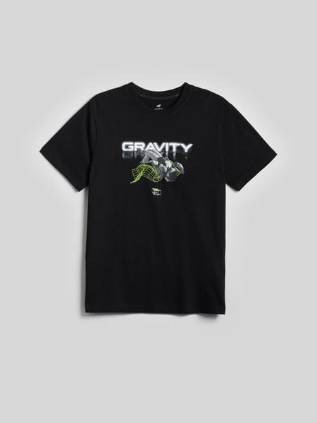 4F T-shirt regular z nadrukiem męski - czarny M. Czarne t-shirty 4F, m, bez wzorów, z bawełny, bez kołnierzyka, bez ramiączek. Za 79.99 zł.
