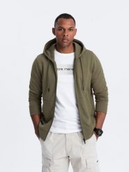 Rozpinana bluza męska dresowa BASIC – oliwkowa V2 OM-SSBZ-0160 - XXL. Zielone bluzy Ombre Clothing, l, bez wzorów, z dresówki, z kapturem. Za 125.99 zł.