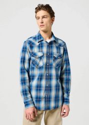 MĘSKA KOSZULA KRATA WRANGLER WESTERN SHIRT BUFFALO INDIGO 112357251. Niebieskie koszule Wrangler, l, bez wzorów, bez kołnierzyka, bez ramiączek. Za 139.99 zł.
