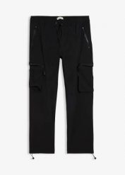 Spodnie bojówki, regular fit, z dużą ilością stretchu, straight. Czarne joggery i bojówki bonprix, m, bez wzorów, sportowe. Za 74.99 zł.