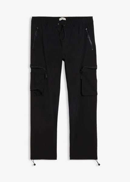 Spodnie bojówki, regular fit, z dużą ilością stretchu, straight. Czarne joggery i bojówki bonprix, m, bez wzorów, sportowe. Za 74.99 zł.