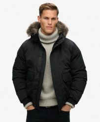 Kurtka Bomber z Ekologicznej Futrzanej Wstawki Everest. Czarne kurtki Superdry, l, bez wzorów, z futra, bez kaptura. Za 793.00 zł.