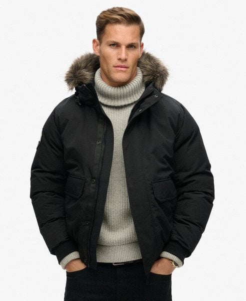 Kurtka Bomber z Ekologicznej Futrzanej Wstawki Everest. Czarne kurtki Superdry, l, bez wzorów, z futra, bez kaptura. Za 793.00 zł.