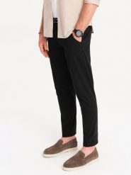 Spodnie męskie chino z ozdobną taśmą w pasie SLIM FIT – czarne V1 OM-PACP-0118 - XL. Czarne eleganckie spodnie Ombre Clothing, na co dzień, l, z bawełny, casualowe. W wyprzedaży za 179.99 zł.
