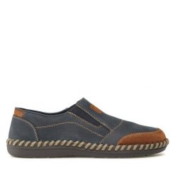 Półbuty Rieker. Niebieskie eleganckie półbuty Rieker, bez wzorów, bez obcasa, bez zapięcia. Za 222.99 zł.