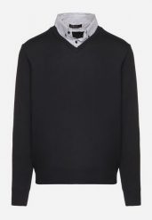 Granatowy Sweter z Wełną i Koszulowym Kołnierzykiem Espirra. Niebieskie swetry nierozpinane Born2be, l, bez wzorów, z wełny, bez kołnierzyka, bez ramiączek. Za 59.99 zł.