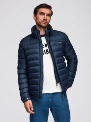 Męska pikowana kurtka z dwoma zapięciami - granatowa V1 - Rozmiar: XL. Niebieskie kurtki Ombre Clothing, m, z aplikacjami, z materiału, bez kaptura. W wyprzedaży za 254.99 zł.