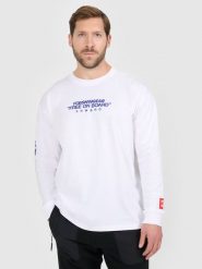 4F Longsleeve loose z nadrukiem męski - biały S. Białe bluzki z długim rękawem 4F, m, bez wzorów, z materiału, bez kołnierzyka, bez ramiączek. Za 99.99 zł.