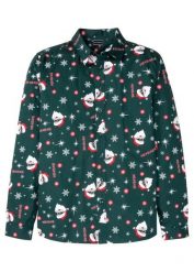 Koszula z długim rękawem i bożonarodzeniowym nadrukiem, z czystej bawełny, Slim Fit. Zielone koszule bonprix, m, bez wzorów, z bawełny, bez kołnierzyka, bez ramiączek. Za 109.99 zł.