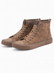 Męskie wysokie buty trampki z dekoracyjną lamówką – brązowe V2 OM-FOTH-0158 - 46. Brązowe trampki Ombre Clothing, m, bez wzorów, przed kolano, bez zapięcia. Za 113.99 zł.