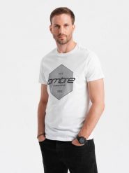 T-shirt męski bawełniany z nadrukiem geometrycznym i logotypem - biały V1 - Rozmiar: XL. Białe t-shirty Ombre Clothing, m, bez wzorów, z bawełny, bez kołnierzyka, bez ramiączek. W wyprzedaży za 19.99 zł.