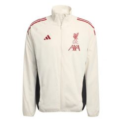 Kurtka treningowa Prematch Liverpool FC 2025/26. Białe kurtki Adidas, bez wzorów, bez kaptura. W wyprzedaży za 331.85 zł.