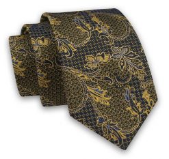 Granatowo-Żółty Elegancki Męski Krawat -ALTIES- 7cm, Stylowy, Klasyczny, Wzór Orientalny. Niebieskie krawaty i muchy Alties, bez wzorów, z tkaniny. Za 49.00 zł.