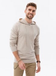 Męska bluza dzianinowa z kapturem - beżowa V5. Brązowe bluzy z kapturem Ombre Clothing, m, bez wzorów, z bawełny, z kapturem. W wyprzedaży za 39.99 zł.