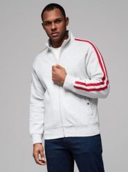 Męska bluza dresowa z wysokim kołnierzem i lampasami – szary melanż V1 OM-SSZP-0219 - XXL. Szare bluzy Ombre Clothing, l, z aplikacjami, z bawełny, bez kaptura. Za 143.99 zł.