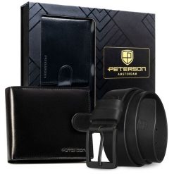 Zestaw prezentowy: poziomy portfel męski w czarnym kolorze i pasek ze skóry naturalnej z klasyczną klamrą - Peterson. Czarne portfele Peterson, bez wzorów, ze skóry. Za 119.99 zł.