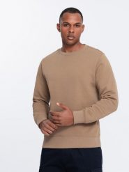 Męska bluza dresowa BASIC z okrągłym dekoltem - brązowa V2 OM-SSBN-0175 - XXL. Brązowe bluzy Ombre Clothing, m, bez wzorów, z bawełny, bez kaptura. W wyprzedaży za 69.99 zł.