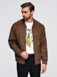 Kurtka bomberka męska z imitacji zamszu - brązowa V1 - Rozmiar: M. Brązowe kurtki Ombre Clothing, l, z aplikacjami, z materiału, bez kaptura. Za 399.99 zł.