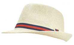 Letni Męski Kapelusz, Słomkowy Jasny, Trilby z Granatowym Paskiem. Żółte kapelusze Pako Jeans, bez wzorów, z bawełny, klasyczne. Za 55.00 zł.