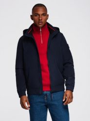 Męska kurtka z kapturem i wysoką stójką - granatowa V2 - Rozmiar: S. Niebieskie kurtki Ombre Clothing, m, bez wzorów, z materiału, z kapturem. Za 299.99 zł.
