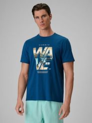 4F T-shirt regular z nadrukiem męski - turkusowy L. Niebieskie t-shirty 4F, l, bez wzorów, z bawełny, bez kołnierzyka, bez ramiączek. Za 59.99 zł.