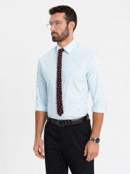 Klasyczna męska bawełniana koszula SLIM FIT w rybki - błękitna V4 OM-SHCS-0156 - XXL. Niebieskie koszule Ombre Clothing, l, bez wzorów, z bawełny, bez kołnierzyka, bez ramiączek. W wyprzedaży za 69.99 zł.