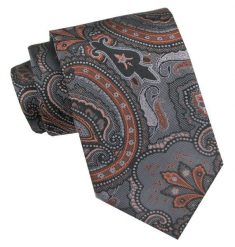 Klasyczny, Męski Krawat - Szeroki - Chattier - Ciemny Popiel i Pomarańcz, Duży Wzór. Szare krawaty i muchy Chattier, bez wzorów, z tkaniny. Za 49.00 zł.